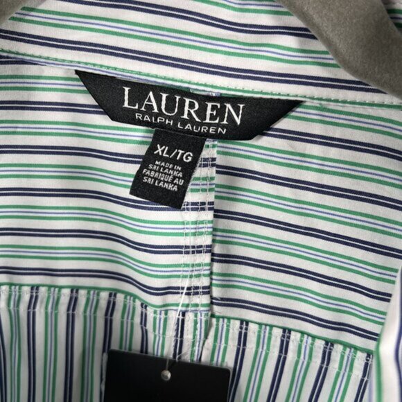 Lauren Ralph Lauren Women Blouse XL Bllue  Green Stripe Long Sleeve Tie Front - Picture 3 of 15